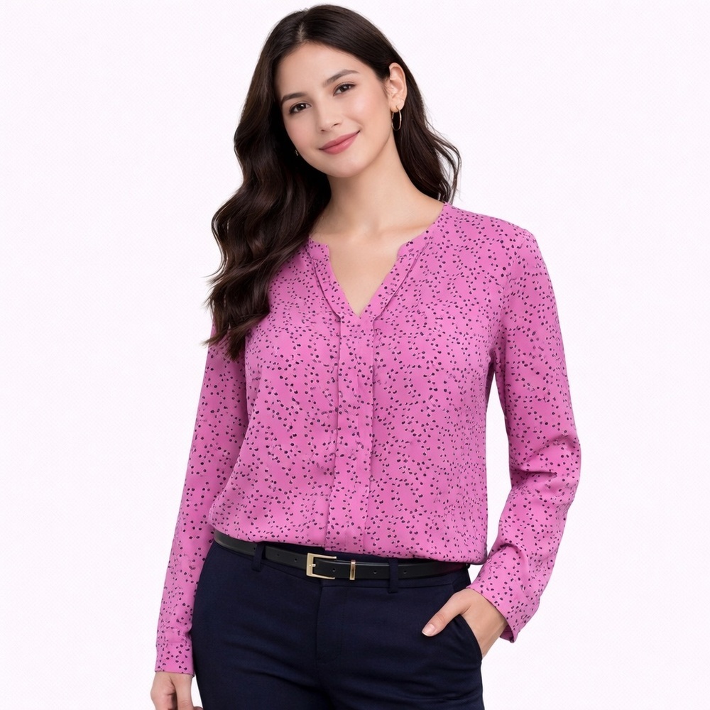 Banana Republic Factory Pink Dot Print V-Neck Long Sleeve Blouse Size S